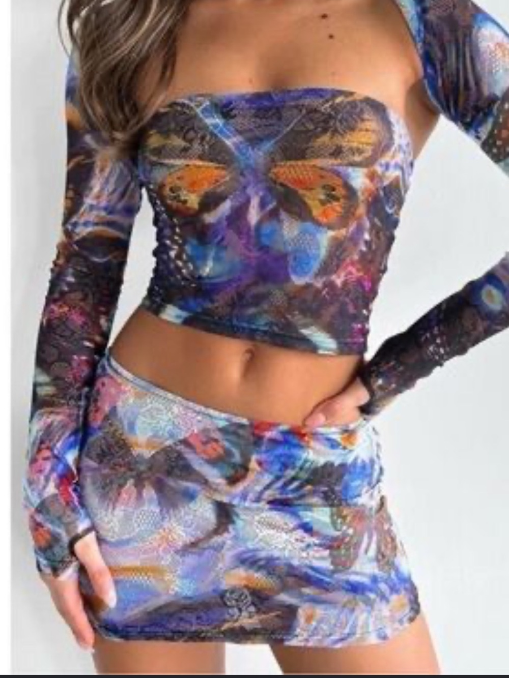 Colorful Butterfly Mesh  Set - Purple & Blue skirt and long sleeve